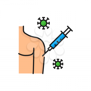 Virus vaccine and vaccination in shoulder, coronovirus prevention isolated color line icon. Vector antiviral injection, medical syringe in human body, covid disease campaign. Health care, stop corona
