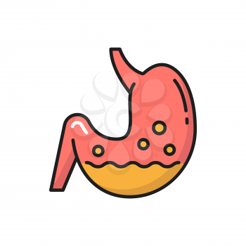 Human stomach with lactobacillus probiotics isolated color line icon. Vector internal organ with probiotics, lactobacillus and prebiotic bacteria. Digestive system, tract with bacteria microorganisms