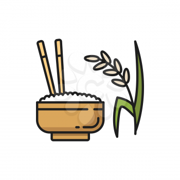 Steamed rice in bowl with chopsticks isolated color line icon. Vector cup of rice, dinner food in ceramic plate. Healthy organic eating, steamed Thailand, Korean, Chinese and Japanese cuisine dish