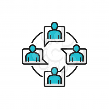 Business chat conference, meeting online isolated color line icon. Vector communicating people, support center workers, team communication group in circle. Distant education, teacher, students