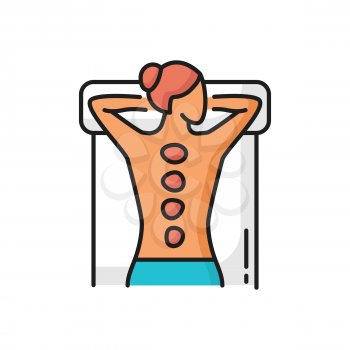 Stone massage, spa pebbles on woman back isolated line icon. Vector relaxing girl lying on bed, hot stones treatment, alternative medicine and healthcare, pebbles on lady, relaxation and health care