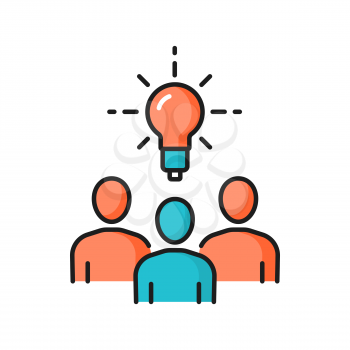 Business meeting, brainstorming, new idea, bulb isolated color line icon. Vector office staff, manager or young business startup, teamwork and cooperation. Success managers team, creative coworkers