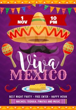 Viva Mexico vector flyer with mexican sombrero, mustaches and maracas. Flag garlands, red jalapeno and corn. Invitation for festival of traditional music and food, Mexico holiday party cartoon poster