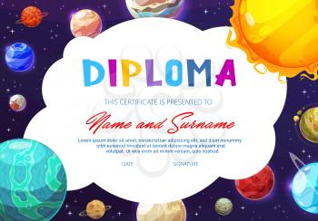 Education school diploma, kindergarten certificate with vector cartoon solar system planets in dark sky with stars. Kids graduation diploma template with sun, earth and saturn, jupiter or venus frame