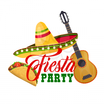 Fiesta party vector icon with traditional mexican symbols sombrero hat, guitar and tacos. Cartoon isolated label for Cinco de Mayo celebration. Latin event, mexican fiesta holiday celebration emblem