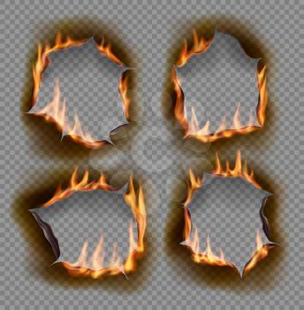 Burning holes, vector burn paper fire with realistic charred edges isolated objects. 3d flame on sheet. Burned round holes in fire flames, torn borders and ripped frames on transparent background