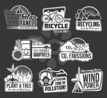 Ecology and environment isolated vector icons with eco nature tree and plant, recycle symbol. Green energy wind turbine and sun power solar panel, bio fuel, electric car and bicycle monochrome emblems