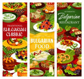 Bulgarian cuisine restaurant vector banners with yogurt soup tarator, bryndza cheese and vegetable salads. Meat and fruit pies, pepper chutney lutenitsa, cabbage rolls and pork with prunes, bun, bagel