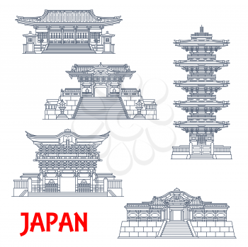 Japanese travel landmarks with vector thin line shrines and temples of Nikko. Ancient Futarasan and Toshogu shrines, five-story pagoda, Omotemon, Yomeimon, Karamon or Karakado gates, Asian tourism