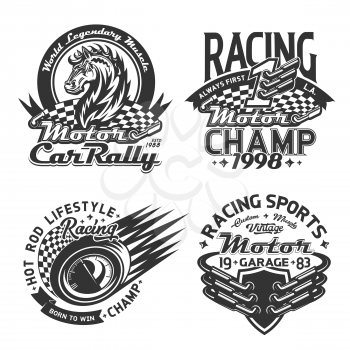 Racing sport and car rally t-shirt print mockup, vector motorsport championship custom apparel. Start and finish racing flags, wild mustang horse, race auto speedometer and mufflers badge templates