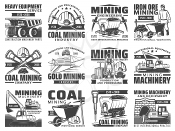 Mining industry equipment, machinery and miner tool isolated icons. Vector miner, helmet, pickaxe and hammer, iron, coal and gold mine excavator, dump truck and dynamite, bulldozer and cart symbols