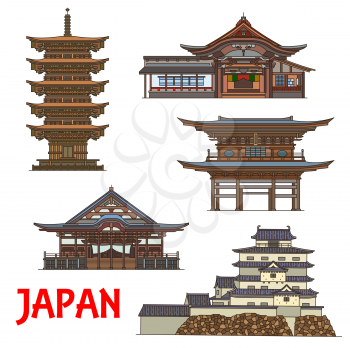 Japanese temples and castle vector thin line travel landmarks of Japan. Dainichibo and Horin-ji Zen Buddhist Temples, Sanmon gate of Engaku-ji, Dewa Sanzan five storey pagoda and Tsuruga Castle