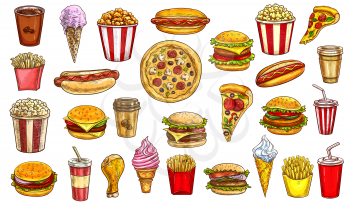 Sketch fast food meals isolated vector icons coffee, cola and popcorn with hot dog. Pizza, cheeseburger and ice cream in waffle cone, chicken leg, french fries and cola beverage vintage engraved signs