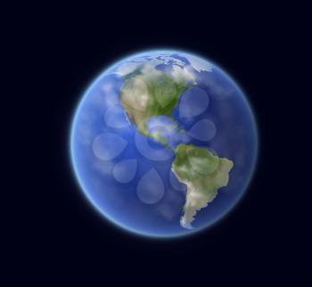 Earth planet globe with world map, vector space, astronomy, travel and geography. Blue sphere with Atlantic and Pacific oceans, USA, Canada, Mexico and Brazil, Peru, Chile, Argentina and Brazil