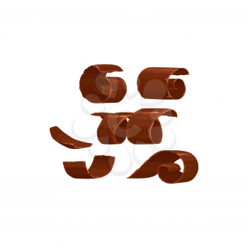 Chocolate shavings or piece curls of milk or dark chocolate, vector isolated icons. Chocolate shavings and spiral rolls, cocoa food and candy sweet dessert