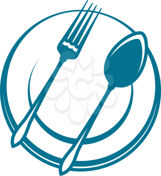 Spoon and fork on plate isolated restaurant or cafe logo. Vector utensils and dishware