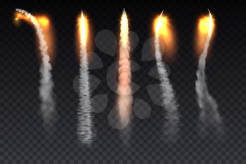 Rocket fire smoke trails, spacecraft startup launch, space jet fire flames. Spaceship, jet plane take off or ballistic missile launch realistic vector smoke, fire burst tracks, condensation trails