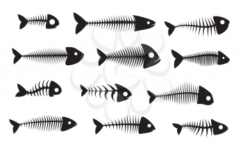 Fish bone silhouette icons, black isolated fishbone vector skeletons. Dead fish bones of herring, barracuda or piranha with head skull and spine tail, marine and sea nautical symbols