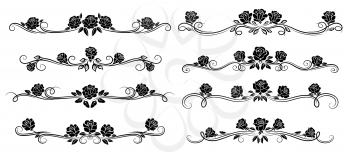 Black rose flower borders, dividers and floral swirls. Monochrome headers, vector retro embellishments, vintage roses with blossom buds and leaves. Decorative isolated vignettes set