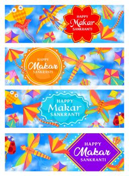 Indian Makar Sankranti holiday banners with vector kites in blue sky and clouds. Hindu religion festival paper wind toys, bird, fish, butterfly and dragonfly kites flying with waving ribbons