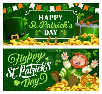 St. Patrick Day cartoon vector banners with leprechaun in green top hat sitting on gold coins pile with horseshoe, shamrocks and drum. Ireland Saint Patricks day traditional festival, celtic party