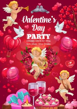 Valentine day party, vector poster with hearts balloons, cupid angels and roses flowers. 14 February Valentine day holiday party cakes, gift heart box and wine, kissing doves and pink cupcakes