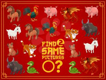 Child New Year riddle, matching game with Chinese calendar animals. Preschool kids educational game, playing activity. Horse, cock and pig, dragon, goat and tiger, bull, dog and snake cartoon vector