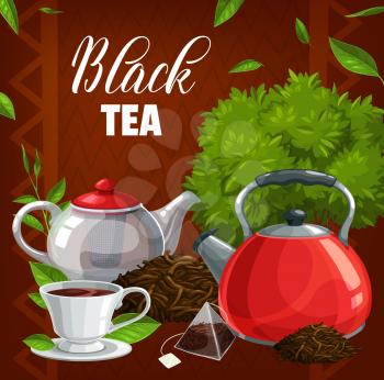 Black tea cup, green leaves, teabag and brew pot. Vector. Hand picked premium Indian or Ceylon tea. Black tea leaves and teabags brewing in glass sport and kettle, organic natural tea