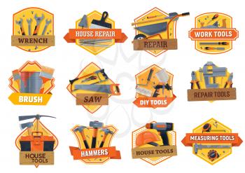 Work tools construction, house repair, building and renovation DIY toolbox, vector icons. Home remodeling work tools, carpentry hammer, woodwork saw and painting brush, masonry saw and drill