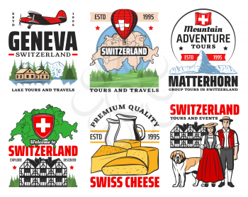 Switzerland travel to Swiss alps mountains vector icons. Switzerland map, architecture, culture and food. Geneva and Zurich landmark tours, Swiss culture and traditions, cheese and Matterhorn skiing