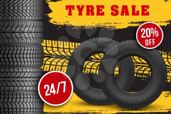 Tyre sale vector store promo poster with 3d tires and grunge black track tread marks. Car wheels for bike, vehicle, transportation. Rubber protectors shop discount promotion with realistic tyres