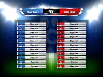 Soccer football game scoreboard realistic template. Football league championship game players list, soccer pitch and stadium spotlights 3d vector. Sport tournament team composition information board