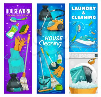 Housework or laundry tools, hygiene utensils for house cleaning. Vector washing machine, toilet brush and wash detergent, iron, broom with gloves and apron or sponge and trash sack cartoon banners set