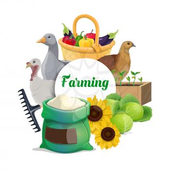 Farming food products round banner. Vegetables in wicker basket and plants seedling, goose, turkey and quail, cabbage, sunflower, flour sack. Farm poultry, vegetables hwheatarvest growing poster