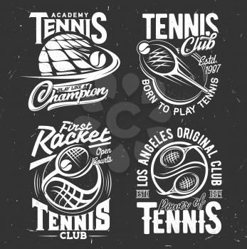 Tennis sport vector tshirt prints. Playing rackets and balls on black grunge background. Tennis sports team, academy monochrome emblems with white typography. T shirt prints, monochrome templates set