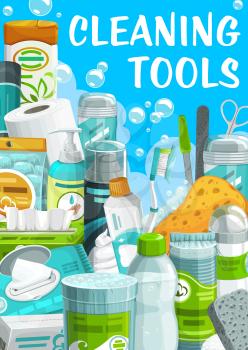 Cleaning tools, hygiene and body care products wipes package, liquid soap and toilet paper, shaving foam, clippers and toothpaste. Antiperspirant, pumice or cotton pads, sponge, shampoo cartoon poster