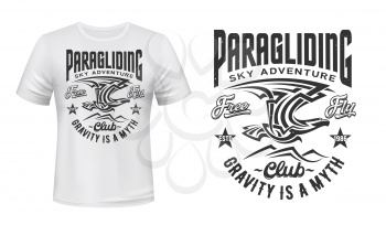 Paragliding sport club t-shirt vector print. Eagle or condor flying in sky under mountain peaks illustration and retro typography. Adventure sport club apparel custom design print mockup