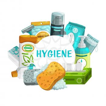 Hygiene and body care products vector round frame. Shaving foam, razor blade and sponge with foam and and liquid soap. Toilet supplies wet and dry wipes, shampoo, pumice hygiene stuff cartoon poster