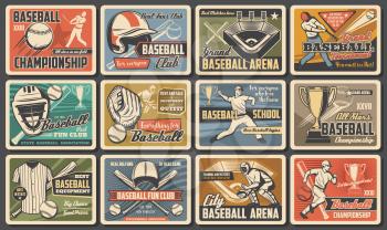 Baseball player and batter with bat, ball at arena. Baseball and softball sport tournament and equipment. Vintage retro sport posters, fan club and championship, cup match