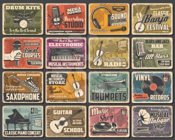 Music instruments shop, live concert and recording studio, vector retro posters. Classic music radio, guitar store, jazz fest saxophone and piano school, singer vocals courses and blues bar