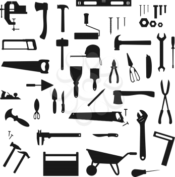 Work tool, construction, home repair and carpentry vector silhouettes icons. Woodwork and DIY building tools, handyman equipment grinder and hammer, drill, ruler and screwdriver