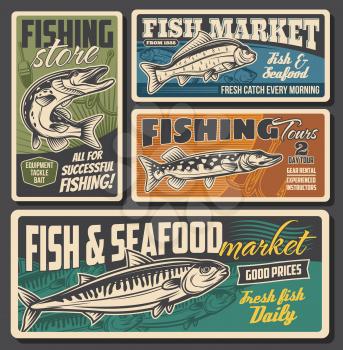 Fish and seafood market, fishing equipment and lures store. Fisher club tours, rods and tackles rental for river pike, ocean mackerel and carp. Vector vintage retro posters