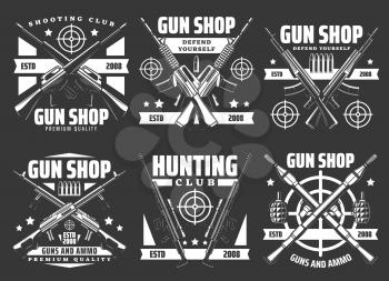 Gun shop and military ammunition weapon store vector icons. Hunting ammo rifles and defense weaponry, shooting club signs with guns, bullets and bomb launchers, grenades, bazookas and aim targets