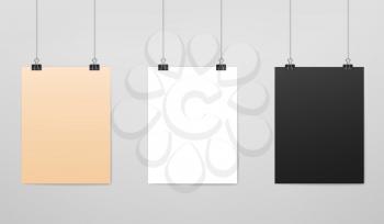 Hanging paper poster mockups, realistic sheets with strings, vector board frames. Photo gallery posters or exhibition blank pictures hanging on wall, white and black board or canvas frames on clips