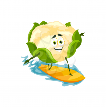 Happy cauliflower surfing in ocean or sea waves on surfboard isolated cute cartoon character. Vector kids food on holiday vacation rest, healthy veggie sport activities, fresh vegetable summer fun