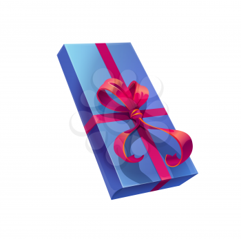 Holiday gift box, vector present wrapped with blue wrapping paper and sumptuous red bow. Isolated cartoon rectangular giftbox for Christmas, Valentine Day, Birthday or New Year events celebration
