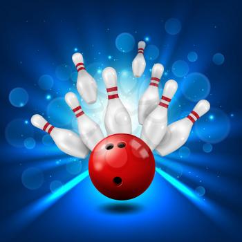 Bowling alley, skittles and ball in ninepin strike, vector poster background. Bowling club sport and leisure entertainment center, red ball and skittle pins strike on lane