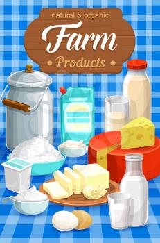Milk and dairy farm food products. Vector metal can, cream, yogurt and butter on plate and cheese. Eggs, kefir, condensed or fermented baked milk, curd on checked tablecloth background, cartoon design