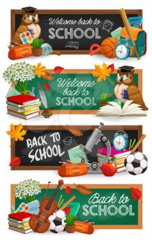 Back to School chalkboard with school supplies, education vector banners. Student books, bag and pencil, pen, ruler, paint and brush, microscope, flask and apple, ball, notebook, magnifier and clock