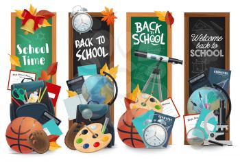 Education chalkboards with back to school lettering isolated vector banners set. Green and black blackboards with school time learning stuff. Student bag, sport balls and globe, telescope, microscope